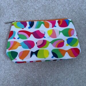Clinique Cosmetic Bag White Sunglasses Print Orange Zipper Pouch Makeup Bag NWOT